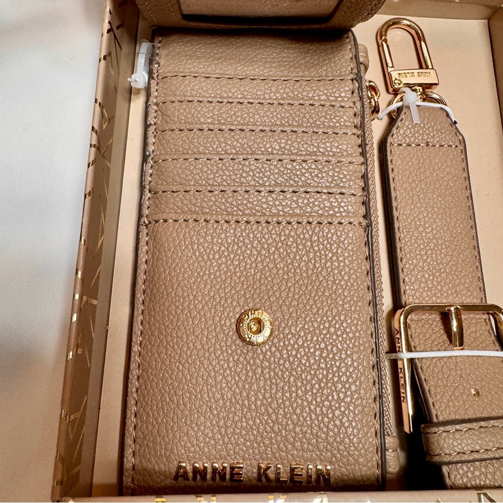 NWT Anne Klein Taupe Flap Wristlet and Card Case gift set gold tone hardware - Picture 6 of 12